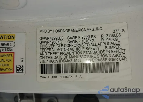 2018 Honda Accord Ex-L z USA, uszkodzony, nr VIN 1HGCV1F6XJA215155